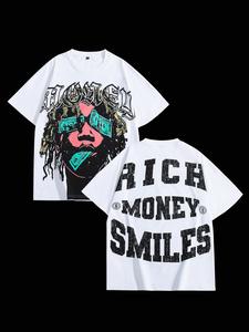 Men's Rich Money Smiles Print Round Neck Tee, Loose Street Fashion Casual Short Sleeve T-shirt for Daily Wear, Men's Clothes for Summer, Top
