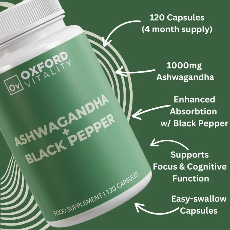 Oxford Vitality - Ashwagandha 1000mg + Black Pepper 630mg - 120 Capsules 3