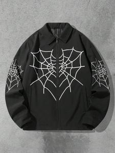 Men's Spider Web Print Zip Up Jacket, Loose Casual Long Sleeve Drop Shoulder Outerwear for Fall & Winter, Men's Clothes for Daily Wear
