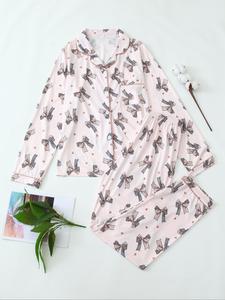 Two-Piece Set Women's Bow Print Button Front Lapel Shirt & Pants Pyjama, Casual Comfy Long Sleeve Collared Pocket Top & Trousers Pj Set, Women's Sleepwear for Fall, Valentine's Day Gift for Girl