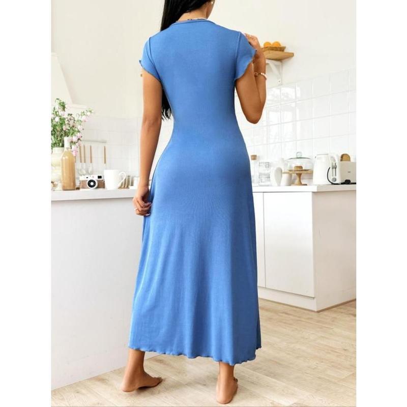 Women's Plain Contrast Lace Sheer Butterfly Sleeve Nightdress, Elegant Lettuce Trim V Neck Cap Sleeve Nightgown, Soft Comfy Sleepwear for Women 1