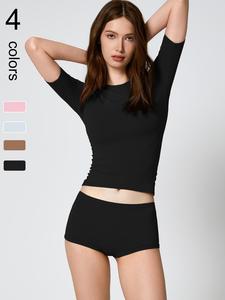 Women's Solid Ribbed Crop Top & Shorts Loungewear, Casual Comfy Round Neck Short Sleeve Tee & Shorts PJ Set, Ladies Sleepwear for Summer, Pajama