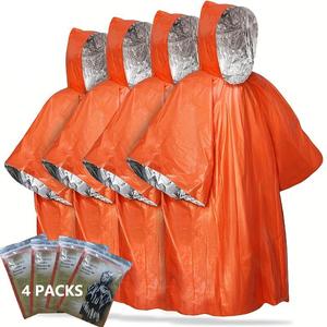 Emergency Rain Poncho with Hood, 4 Counts/set Water-resistant & Thermal Mylar Lined Raincoat, Survival Blankets for Outdoors, Camping Gear