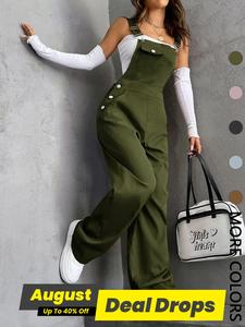 Women's Plain Pocket Overalls, Casual Comfy Strap Design Overalls for Daily Wear, Overall Jumpsuit Women, Fitted Fabric Womenswear, Adjustable Strap Overalls, Lady Solid Pocket Overalls, Minimalist Casual Fashion Overalls, Solid Color Jumpsuit
