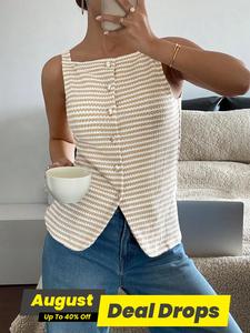 Women's Striped Print Button Front Tank Top, Basic Casual Fitted Minimalist Elegant Sleeveless Cami Top for Spring & Fall, Ladies Clothes for Daily Wear, Womenswear, Casual Fashion Sleeveless Tanktop, Minimalist Elegant Sleeveless Top