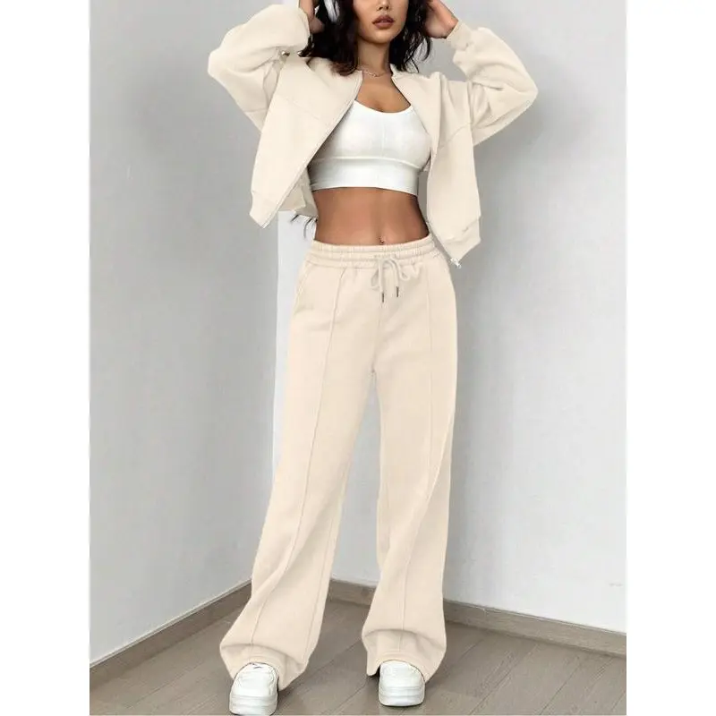 Two-piece Set Women's Solid Zip Up Drop Shoulder Jacket & Pocket Elastic Waist Pants,  Casual Fashion Cozy Breathable Two Piece Outfits for Daily Outdoor Wear, Ladies Clothes for All Seasons