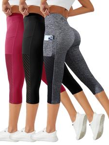 Women's Plain Side Pocket High Waist Sports Capri Leggings, Casual Comfy Breathable Tummy Control Skinny Pants for Yoga Gym Workout, Ladies Sportswear for Spring & Fall, Gym Fitness Leggings