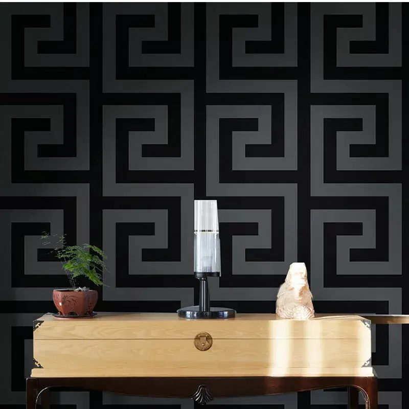 Black Geometric Wallpaper with Large Greek Key Design in Dark Grey - 0.53m x 10m