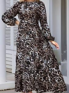 Women's Leopard Print Bishop Sleeve A Line Dress, Elegant Long Sleeve Round Neck Dress for Vacation Holiday Wedding Guest, Ladies Clothes for All Seasons