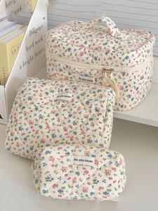 Ditsy Floral Pattern Letters Label Makeup Bag, Corduroy Makeup Organizer, Cosmetic Storage Bag, Outing & Travel Makeup Organizer Pouch, Designer Toiletry Bags, Makeup Bag Set, Makeup Case