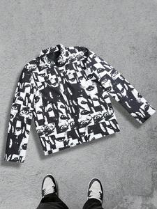 Men's All Over Eye Print Zip Up Pocket Quilted Jacket, Casual Regular Fit Long Sleeve Collared Outerwear for Fall & Winter, Men's Clothes for Daily Wear