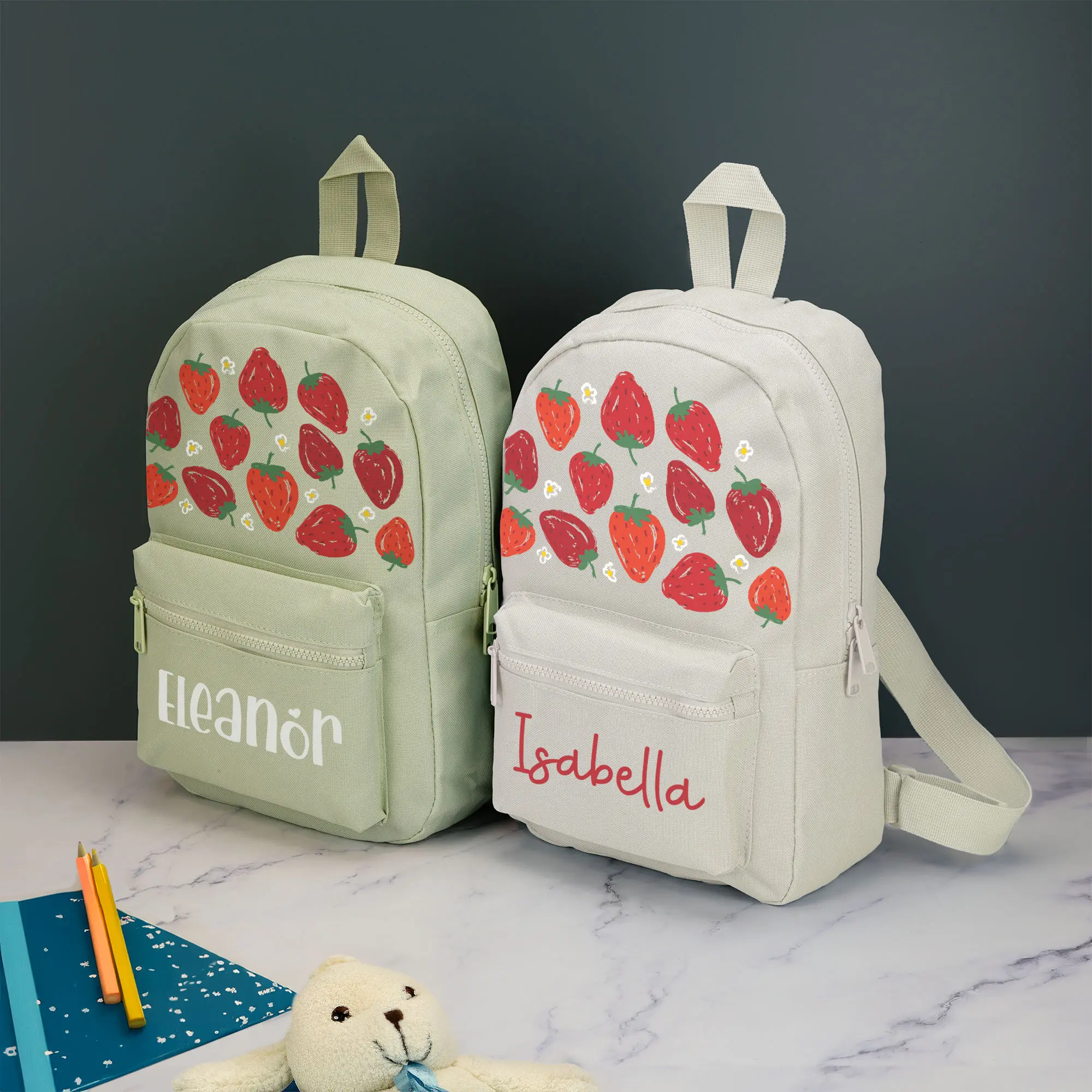 Personalised Strawberry Kids Backpack Custom with Name Choice of Colours Strawberries Flowers School Bag with Adjustable Straps