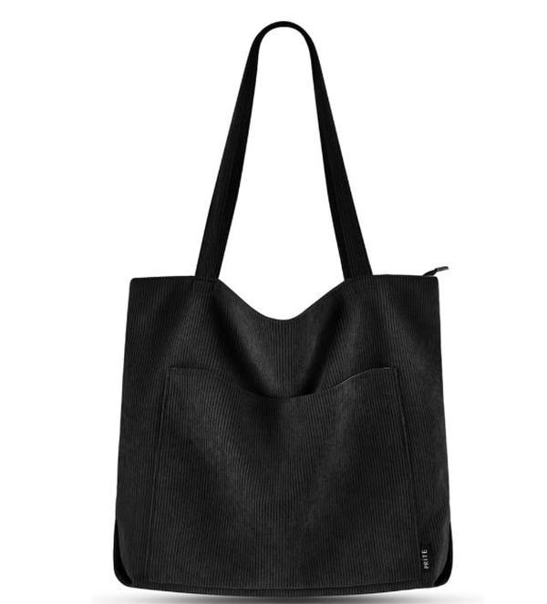 Prite Corduroy Tote Bag for Women Large Shoulder Bag with Zipper and Pockets for College School Work Travel Shopping 0