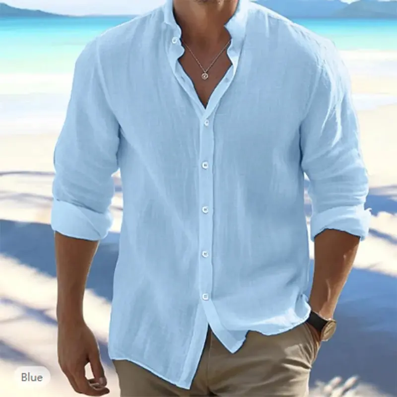 Cotton Linen Hot Sale Men's Long-Sleeved Shirts Summer Solid Color Stand-Up Collar Casual Beach Style Plus Size 4