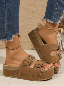 Women's Fashionable Plain Color Platform Sandals, Casual Comfortable Slide Sandals for Summer, Lightweight Design Slides for Beach & Travel, Walking Shoes