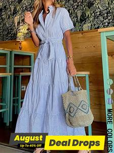 Women's Striped Print Ruffle Hem Belted Dress, Elegant Casual Long Dress for Summer, Women's Clothing for Daily Wear, Classy Modest Style Fashion Tunic Dress, Modest Clothes, Womenswear, Casual Fashionable Dress