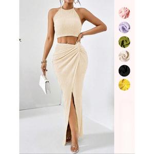 Sleeveless Summer Women's suit Women's Solid Color Short Top Split Skirt Two-piece Set Simple Casual Fashion Comfortable Daily Outdoor Wear Clothes Womenswear spotlight  clothes Gamis Apricot 2  pcs travel  fit two  piece  outfit