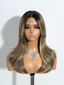 20 Inch Fiber Lace Front Wig with Bangs, Casual Short Hair for Daily Wear, Party, Halloween, Medium Length, Layered Ends