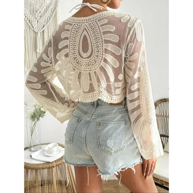 Women's Floral Embroidery Semi-sheer Scallop Trim Cover Up, Casual Long Sleeve Round Neck Cover Up for Beach Vacation, Ladies Clothes for All Seasons 0