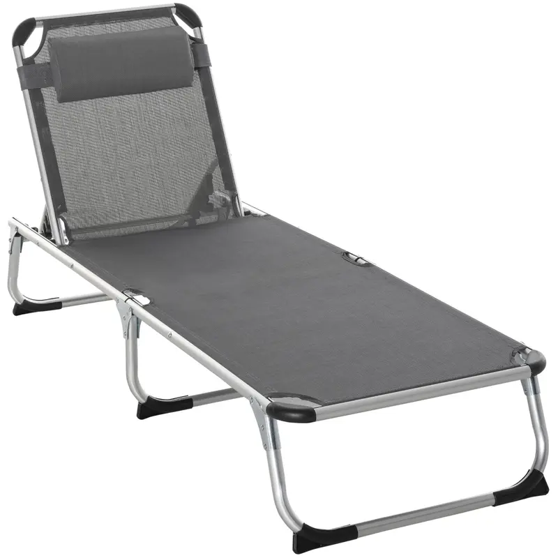 Outsunny Foldable Outdoor Sun Lounger, Reclining Lounge Chair Camping Bed Cot with Pillow 4-Level Adjustable Back Aluminium Frame, Dark Grey 0
