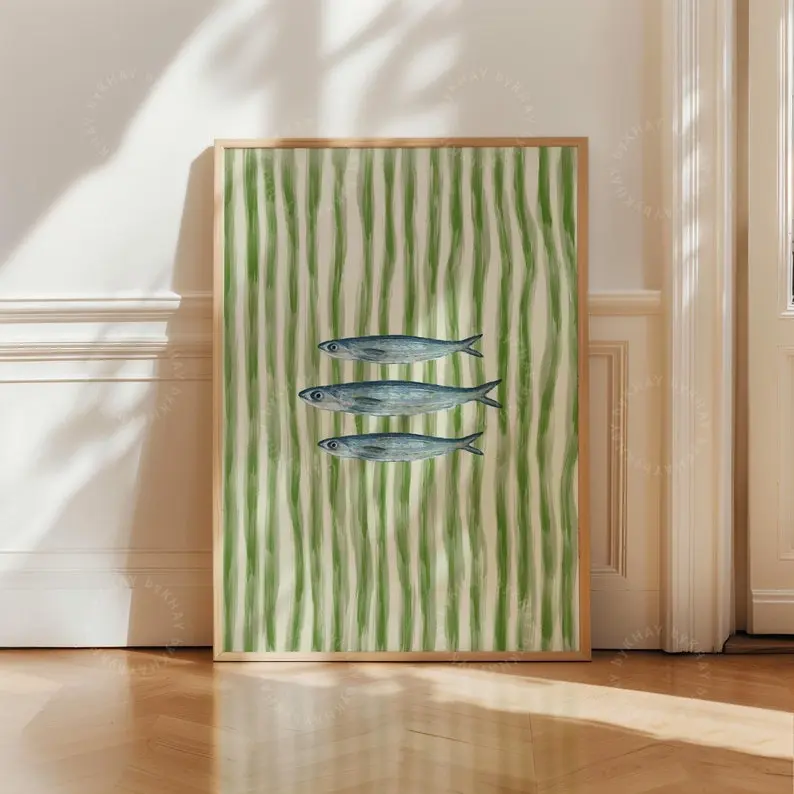 FRAMED Sardines Fish Painted Print Green Stripe Trendy Aesthetic Kitchen Wall Art Retro Modern Food Home Décor 0