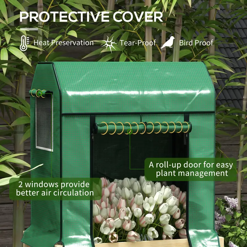 Wooden Planter Box with PE Greenhouse Cover and Bed Liner, Raised Garden Bed for Vegetables, Flowers, Herbs 3