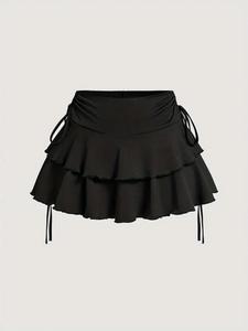 Women's Solid Lettuce Trim Tiered Layer Ruffle Hem Skirt, Elegant Tie Side Mini Skirt, Women's Bottoms for Daily Wear