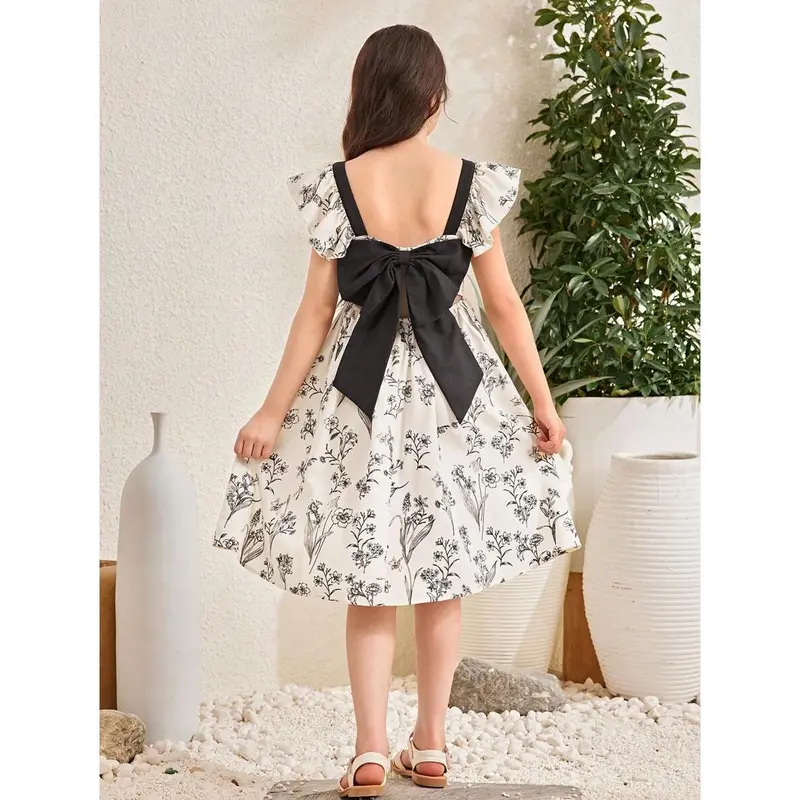 Tween Girl Casual Vacation Elegant Vintage Floral Pattern Print & Silhouette Color Block Big Bow Hollow Open Back Ruffled Flare Midi Dress 5