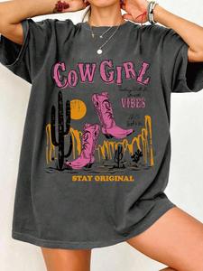 Women's Cowgirl Shoes & Letter Print Round Neck Tee, Vintage Trendy Casual Graphic Short Sleeve T-shirt for Daily Wear, Ladies Summer Top