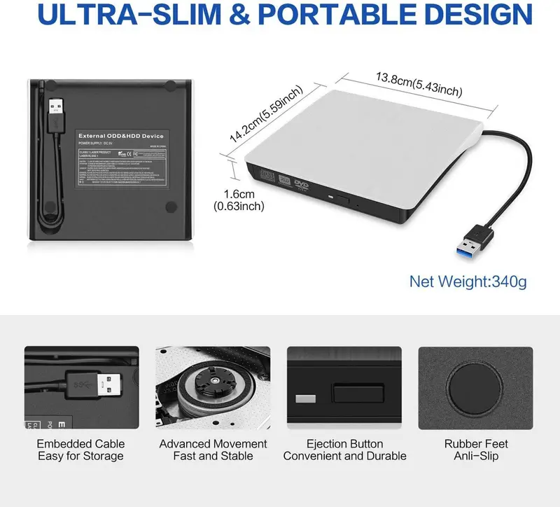 External DVD Drive,USB 3.0 CD/DVD +/-RW Drive Portable CD DVD Drive Burner Reader Writer, Slim Optical CD ROM Drive for Laptop Desktop PC Linux Apple Mac OS Macbook Pro Windows 11/10/8.1/7 White 6