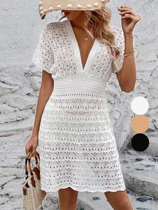 【Plus Size】 Solid Hollow Out Crochet Cover Up Dress, Casual Deep V Neck Short Sleeve Cover Up Dress for Beach Holiday Vacation, Women's Swimwear for All Seasons