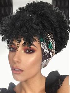 12 Inch Black Curly Synthetic Wig with Bangs for Summer 2024, Wrap Wig with Headband Attached Scarf Wig Turban Drawstring Afro High Puff Head Wrap