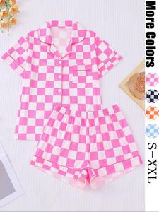 Women's Plaid Print Short Sleeve Pajama Two-piece Set, Casual Comfy Button Up Shirt & Elastic Waist Shorts PJ Set, Ladies Summer Sleepwear