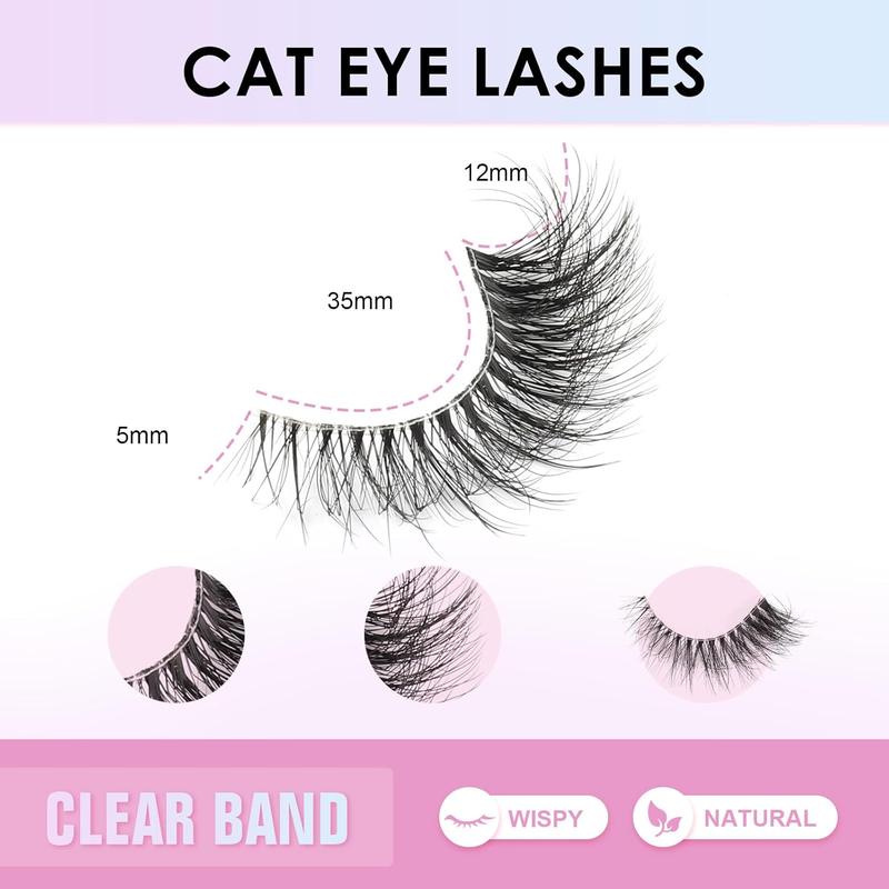 Clear Band Fluffy Lashes Kit with False Eyelashes Glue Bond and Remover Wispy Cat Eye Lashes 7 Pairs Fake Eyelashes Natural Look 3D Strip Lash Extensions Reusable Faux Mink Lashes 5