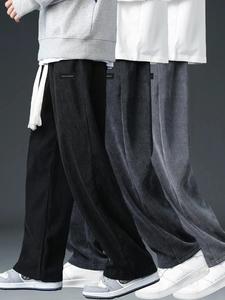 Men's Letter Patched Drawstring Waist Corduroy Pants, Casual Comfy Loose Pocket Straight Leg Trousers for Spring & Fall, Men's Bottoms for Daily Wear