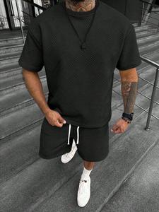 Men's Regular Fit Textured Tee & Drawstring Waist Shorts Two-piece Set, Crew Neck Short Sleeve T-shirt & Track Shorts, Casual Top & Sweat Shorts, Men's Clothing for Summer, Streetwear