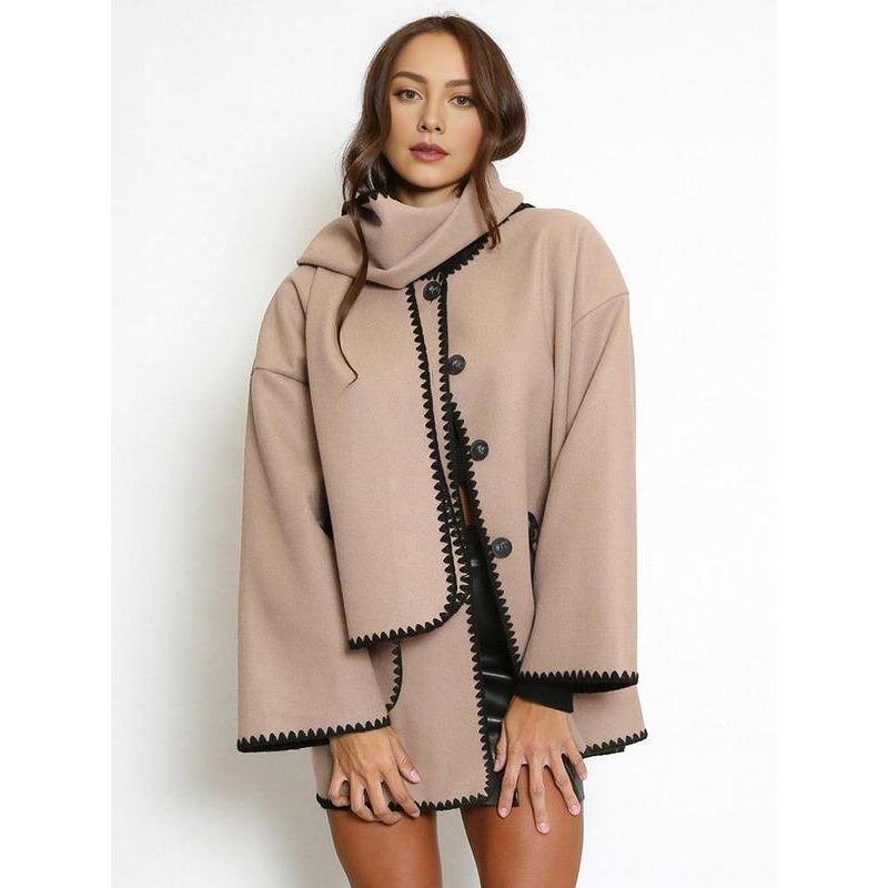 Women's Solid Button Front Drop Shoulder Coat with Scarf, Casual Long Sleeve Contrast Binding Outerwear for Fall & Winter, Ladies Clothes for Daily Wear 3