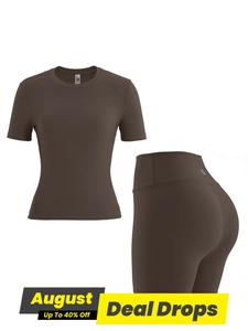 Two-piece Set Women's Round Neck Tee & Shorts Tracksuit Set, Sporty High Stretch Crew Neck Short Sleeve T-shirt & Skinny Shorts, Ladies Sportswear for Indoor Outdoor Wear, Gym Workout Clothes, Gym Exercise Activewear, Yoga Outfit, Workout Casual Wear