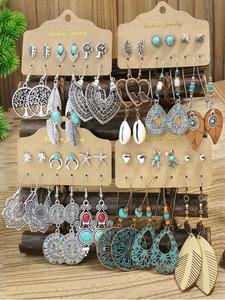 Women's Boho Style Turquoise Texture Design Dangle & Stud Earrings, Retro Mixed Design Earring Set for Women, Vintage Jewelry for Party, Daily Decor As Gift
