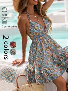 Women's Ditsy Floral Print Backless Halter Dress, Boho Fashion Casual Dress for Beach Holiday Vacation, Ladies Summer Clothes, Sundresses