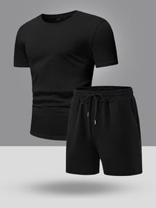 Two-piece Set Men's Solid Short Sleeve Tee & Drawstring Waist Shorts Set, Regular Fit Casual Round Neck Shortsleeve T-shirt & Shorts, Men's Summer Clothes