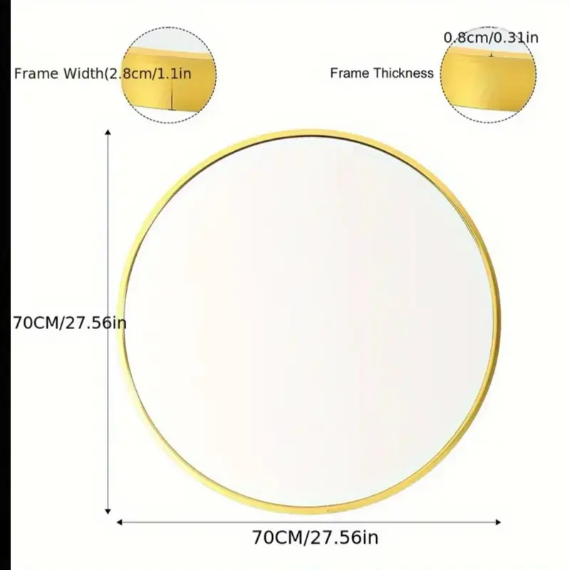 Glam Style Round Wall Mounted Mirror, 40cm/50cm/60cm/70cm/80cm Glass Vanity Mirror for Bathroom and Bedroom, Horizontal Orientation, No Electricity Needed, Durable Aluminum Frame, Vanity Accessories 5