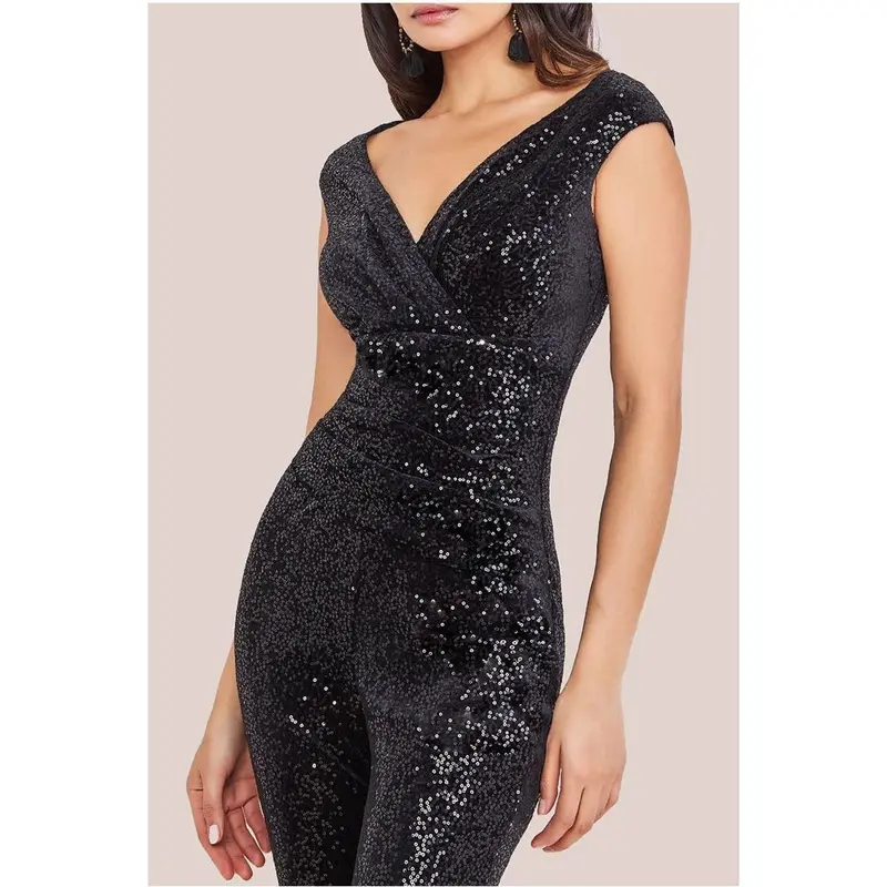 Goddiva Sequin Velvet Bardot Jumpsuit - Black 2