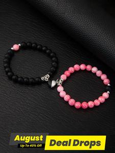 Magnetic Heart Charm Beadeds Bracelets, Fashionable Couple Bracelet for Women & Men, Trendy All-match & Exquisite Fashionable Trendy Pink Jewellery Accessories for Birthday Gift, Gift, Charm Bracelets, Fashion Cool Accessories