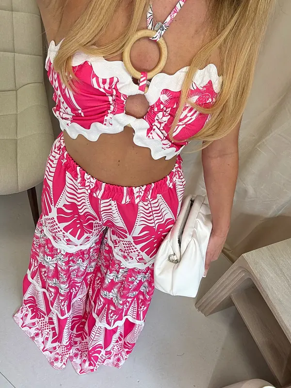 Holiday Print Floaty Two Piece Summer Set Trousers and Bralet Co Ord Summer Holiday Evening Outfit Tropical Print Tie Neck Crop Top Wide Leg Trousers 7
