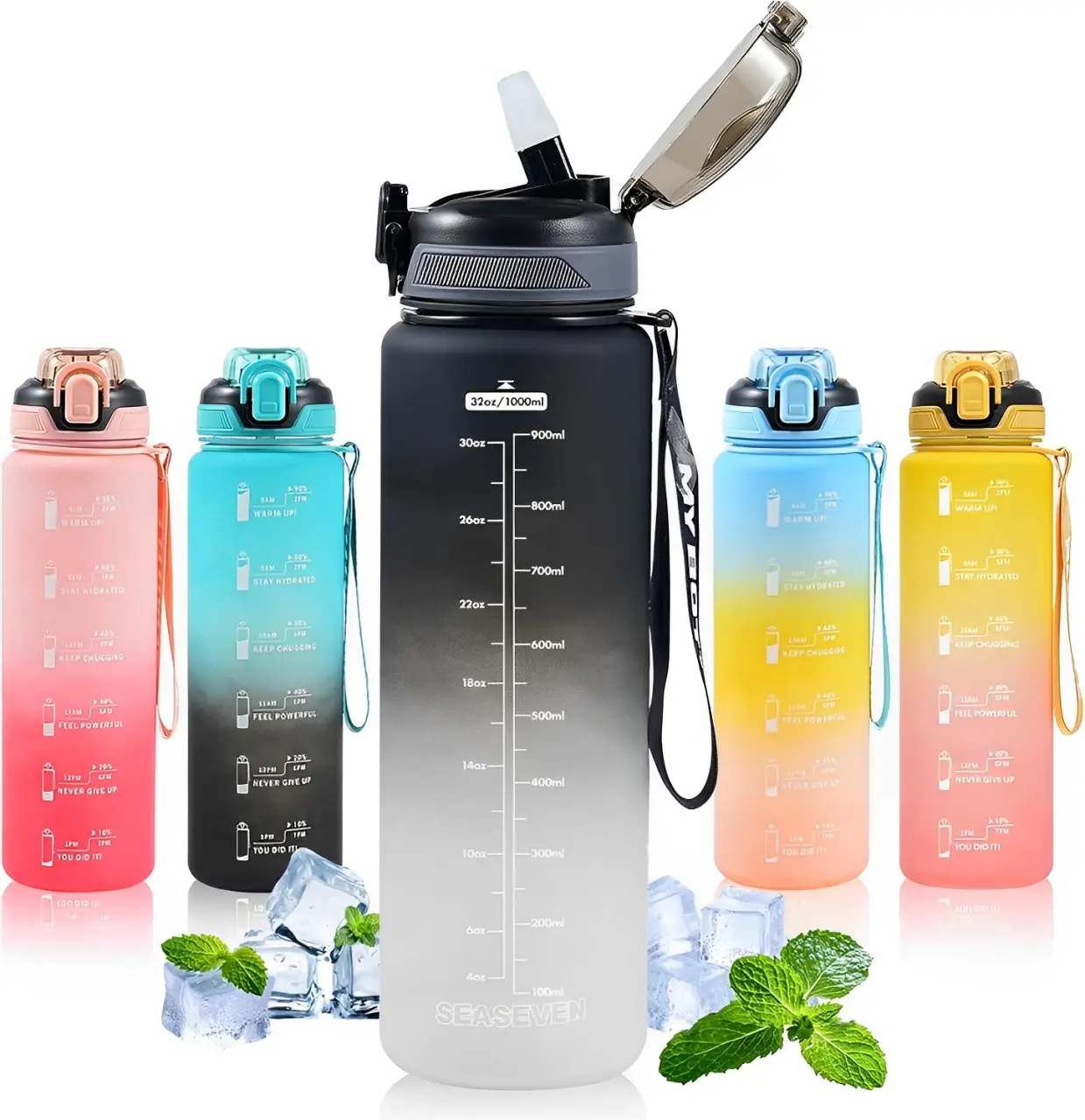 1L Sports Water Bottle with Straw – BPA-Free, Leak-Proof Plastic Bottle with Time Markings for Gym, Cycling, Office, Outdoor – Waterbottle for Girls & Boys