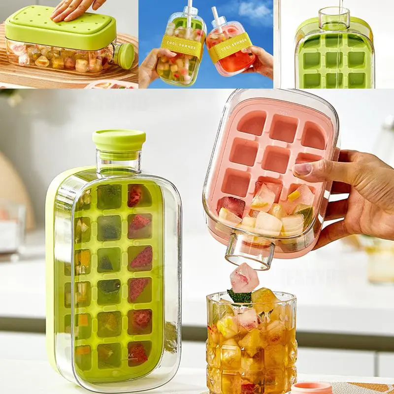Portable Ice Cube Tray with Lid Zero-contact Pressure Molds for Freezer Ice-Cream Silicone Water Bottle Ice Cube Maker Tools
