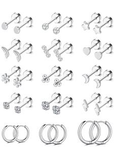 Cute Star & Heart Shaped Earrings Set, Artificial Gemstone Earrings, Stainless Steel Flat Back Earrings, Hypoallergenic 20g Screw Back Nap Stack Cartilage Earring Stacks, Pretty Studs, Flat Pierced Jewelry