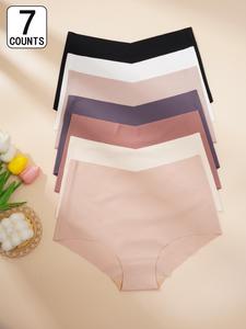 Women's 7 Counts Solid High Waist Knicker, Soft Comfy Breathable Seamless Panty for Daily Wear, Summer Outfits 2024, Underwear for All Seasons
