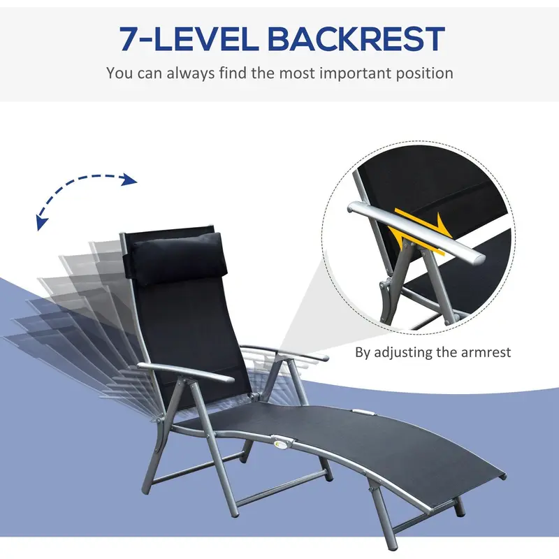 Black Folding Reclining Garden Sun Lounger With Arms and Pillow for Outdoor Relaxation 2